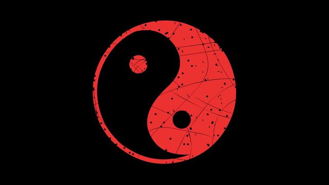 video animation red worn texture rubber stamp yin yang symbol, on a transparent background with alpha channel set to zero