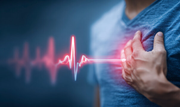 A person holds their chest in pain with a heart rhythm illustration.