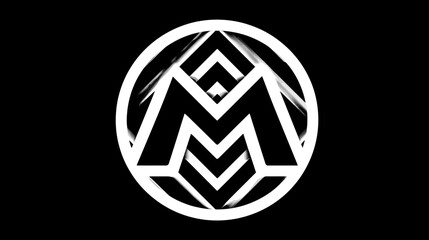 Abstract geometric letter M logo design with distressed texture in a circular frame. Modern minimalist black and white symbol.