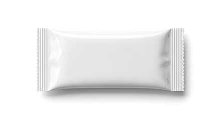 Clean blank white sealed flow pack pouch for food, snack, candy, and cosmetic product packaging mockups, isolated on white background