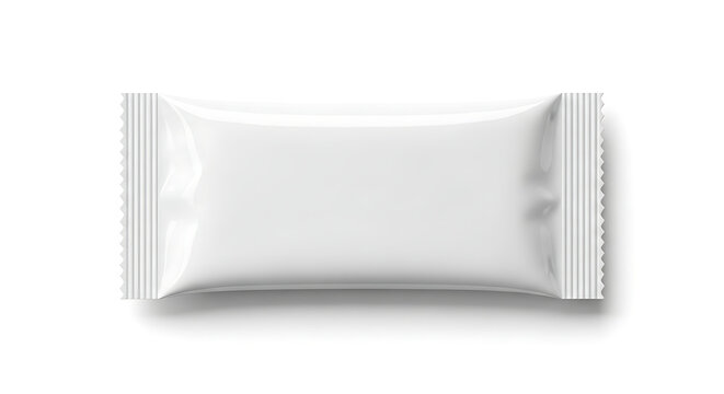 Clean blank white sealed flow pack pouch for food, snack, candy, and cosmetic product packaging mockups, isolated on white background
