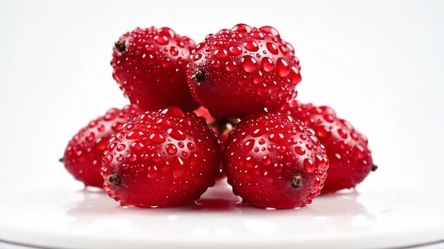 Five vibrant red Gac fruits with water droplets on a white background closeup studio shot.