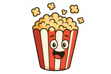 Popcorn cartoon character happy in a classic striped bucket, ready for movies, cinema, or snacking, with a transparent background