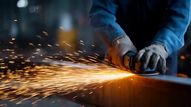 Realistic close-up photo of a metalworker using an angle grinder in an industrial workshop. The worker, wearing safety gloves and a blue work shirt