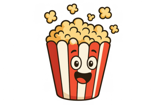 Popcorn cartoon character happy in a classic striped bucket, ready for movies, cinema, or snacking, with a transparent background
