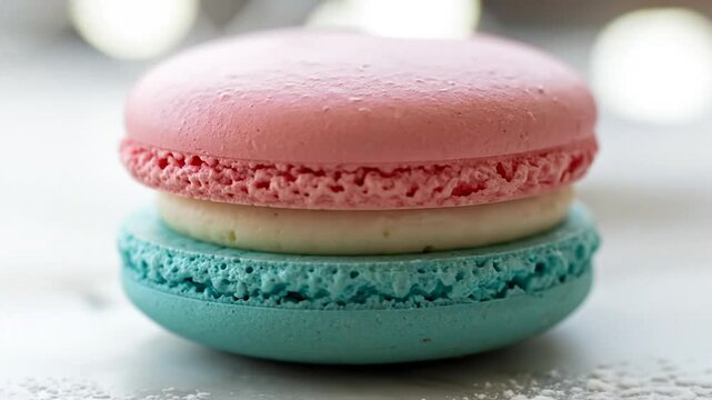 Sweet Macarons: Two vibrant, colorful macarons stacked invitingly, presenting a delightful and appetizing treat.