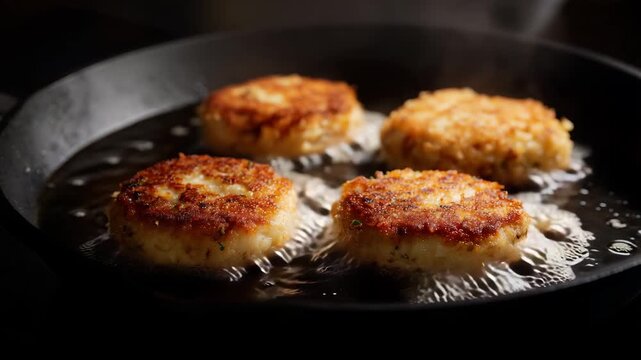 Realistic close-up photo of four crispy golden hash browns sizzling in a cast-iron skillet filled with hot oil. The patties are perfectly round with