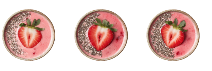 Three round bowls of pink smoothie topped with a strawberry slice and chia seeds