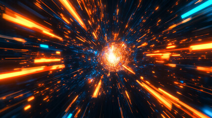 Naklejka premium Glowing light particles create an infinite hyperspeed tunnel, forming a vibrant, dynamic corridor of motion and depth, evoking sci-fi travel through space at light speed.