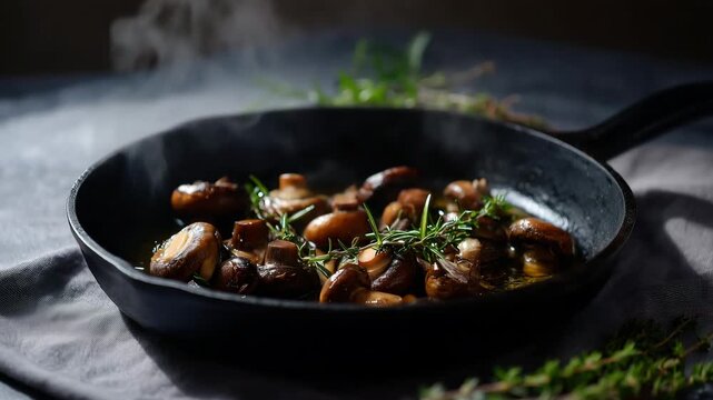 Realistic overhead photo of whole brown mushrooms sizzling in golden olive oil inside a black cast iron skillet. Fresh green herbs thyme and rosemary float in the  4K