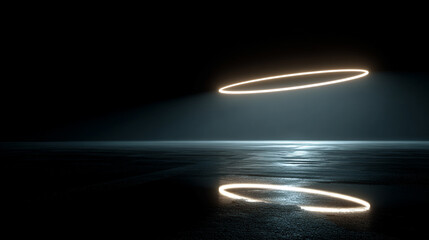 Light ring hovering over black mirror surface with glowing reflection creating a futuristic minimalist aesthetic symbolizing technology elegance focus and modern digital design