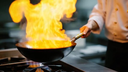 video 4k Close-up of chef tossing food with flames rising from a wok symbol of creativity, energy, and passion in modern cuisine. flambé, culinary action, restaurant chef
