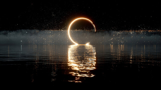 Light ring hovering over black mirror surface with glowing reflection creating a futuristic minimalist aesthetic symbolizing technology elegance focus and modern digital design