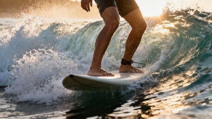 Fototapeta premium Powerful low angle shot of a surfer inside the curl of a crashing wave, illuminated by the bright, setting sun.