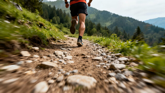 Low-angle action shot of a person trail running up a rugged, rocky mountain path surrounded by green forest and hills.