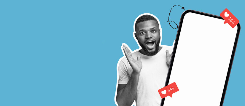 A cheerful individual expresses joy and surprise while interacting with a smartphone that displays social media notifications. The background is a bright blue, enhancing the vibrant mood.