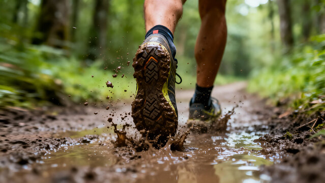 Close-up of a trail runner's shoe splashing through a muddy water puddle on a nature path, capturing dynamic motion and dirt spray.