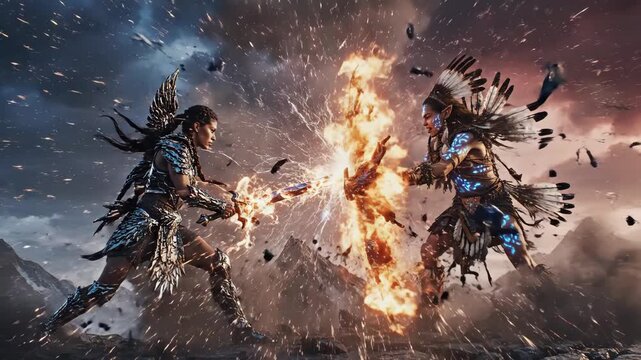 Fantasy warrior facing elemental adversary under dramatic sky