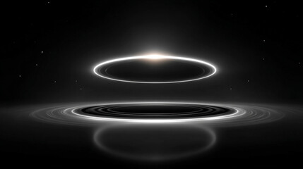 Light ring hovering over black mirror surface with glowing reflection creating a futuristic minimalist aesthetic symbolizing technology elegance focus and modern digital design