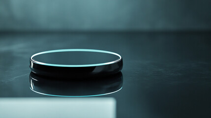Light ring hovering over black mirror surface with glowing reflection creating a futuristic minimalist aesthetic symbolizing technology elegance focus and modern digital design