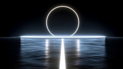 Light ring hovering over black mirror surface with glowing reflection creating a futuristic minimalist aesthetic symbolizing technology elegance focus and modern digital design