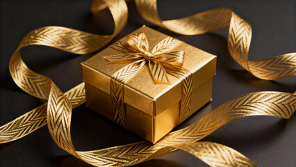 Golden gift box wrapped with shiny ribbon on dark background