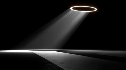 Light ring hovering over black mirror surface with glowing reflection creating a futuristic minimalist aesthetic symbolizing technology elegance focus and modern digital design
