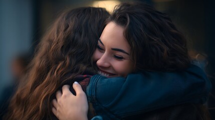 Two young women hugging each other tightly friendship and love emotional support and connection