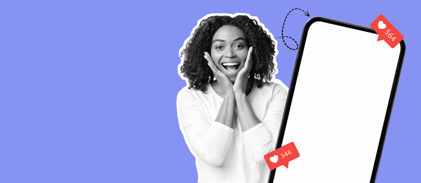 A cheerful person displays joy as they react to social media notifications. The vibrant background contrasts with a collage featuring their smartphone and various engagement metrics.