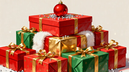 Stacked Christmas gift boxes in red, green, and gold with ribbons and ornaments