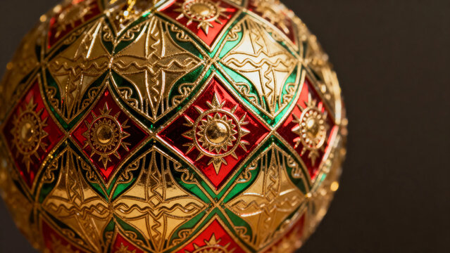 Ornate decorative sphere with red, green, and gold geometric patterns