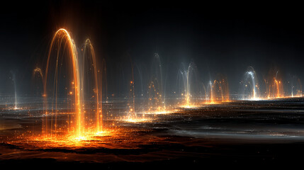 Glowing particle streams flow across a stylized cityscape, symbolizing shifting collective sentiment and emotional energy moving through an interconnected urban network.