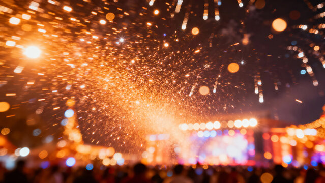 Fireworks exploding in the night sky above a crowded outdoor event with vibrant lights and bokeh effects