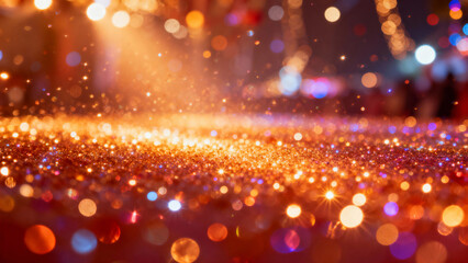 Sparkling golden glitter with bokeh lights in a festive, magical atmosphere