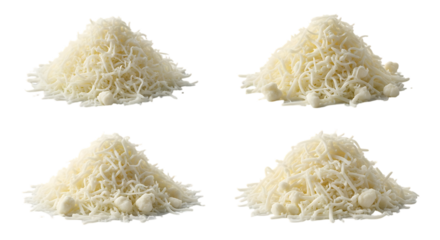 Four piles of grated white cheese on a black background