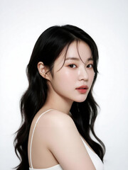 Portrait of a woman with long dark wavy hair wearing a white spaghetti strap top against a plain white background