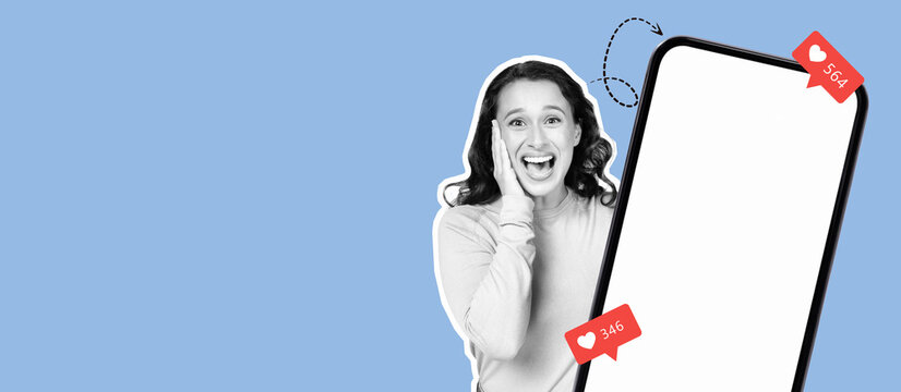 A lively collage displays a person expressing excitement while interacting with a large smartphone. Bright colors and social media icons reflect modern digital communication trends.