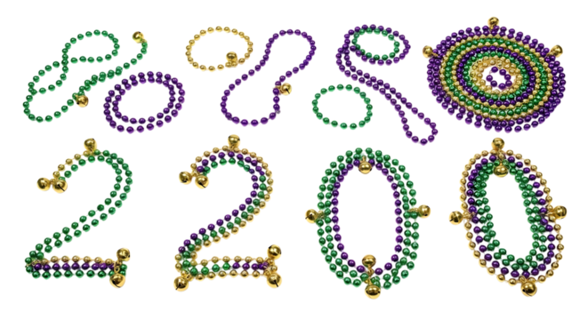 Mardi gras beads and rings form the year 2020