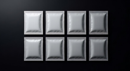Precisely arranged array of eight blank silver foil sachets, ideal for showcasing product packaging design