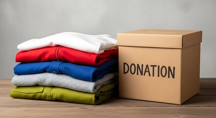 Stack of folded clothes with donation box on wooden table against wall