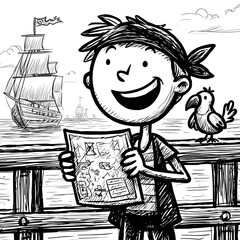 Stick figure pirate on a ship?? deck, holding a treasure map with a parrot on the shoulder. Grinning face and eye patch. Ocean background with basic sails and flag. Bold outlines, no texture. --s 250