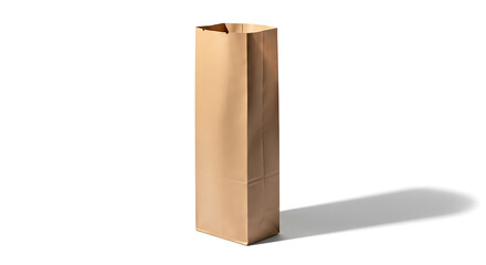 A tall, brown kraft paper shopping bag for carrying a bottle or long groceries, standing upright and isolated on a white background