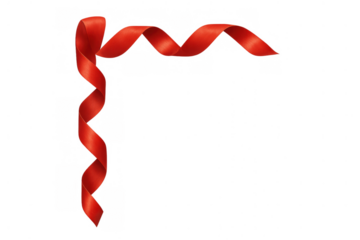 Red satin ribbon forming a corner border, curling and swirling festive decoration on transparent background