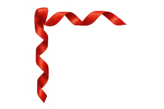 Red satin ribbon forming a corner border, curling and swirling festive decoration on transparent background