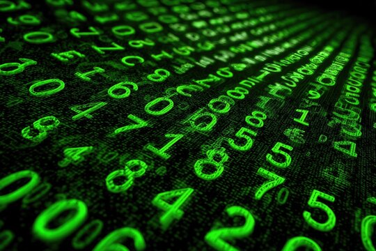 Glowing green numbers cascade down an angled, dark space