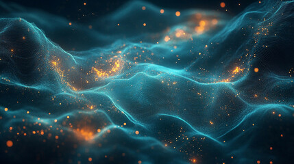 Glowing strands drift through space like digital fibers, creating a futuristic, ethereal, and abstract visualization of flowing energy and immersive technological networks.
