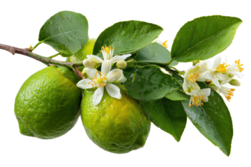 Limes and Blossoms: A close-up shot of vibrant green limes hanging gracefully from a branch adorned with delicate, fragrant blossoms, showcasing nature's beauty and freshness.