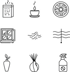 Collection of nine line art icons depicting air fresheners and related household elements in black and white