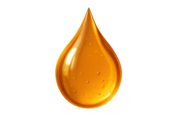 Golden liquid drop with air bubbles, shiny viscous fluid falling, oil, honey, juice, or serum on transparent background