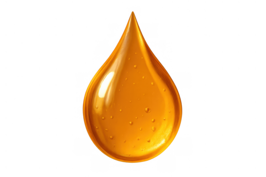 Golden liquid drop with air bubbles, shiny viscous fluid falling, oil, honey, juice, or serum on transparent background